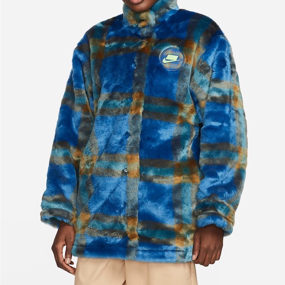 Nike Faux Fur Plaid Jacket Blue Green oversized Sportswear streetwear - Picture 7 of 11